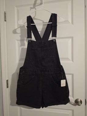 Free People Black Denim Short Overalls